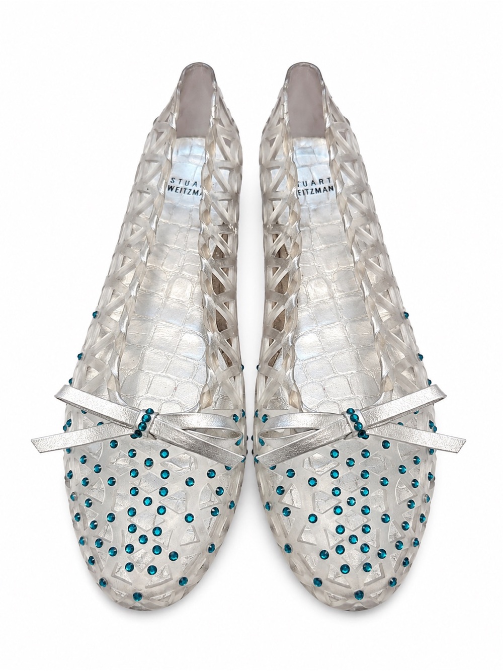 Stuart Weitzman Silver Jelly Flats with Teal Stud Accents - size 9 EUC